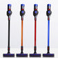Vacuum extension rods in orange, red, blue, and black with attached floor nozzles.