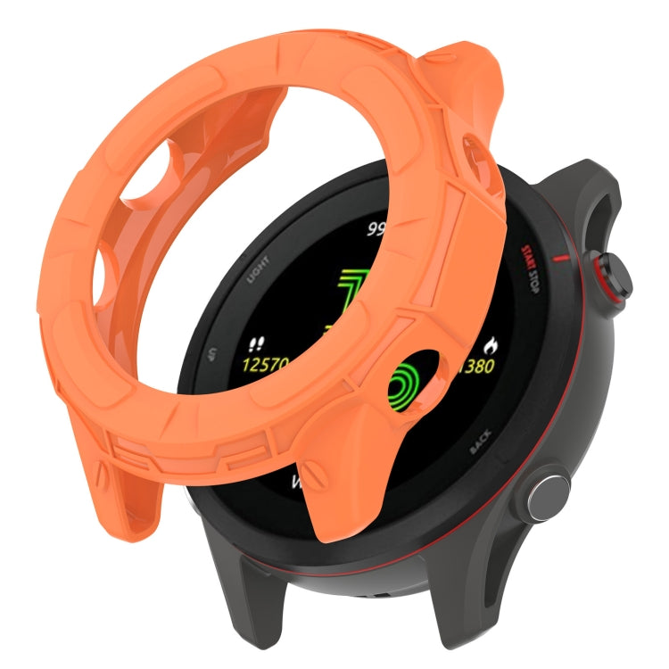 Orange hollow TPU watch case with protective bumper for a fitness watch.