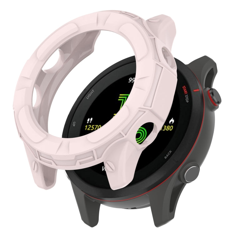 Light pink hollow TPU watch case with protective bumper for a fitness watch.