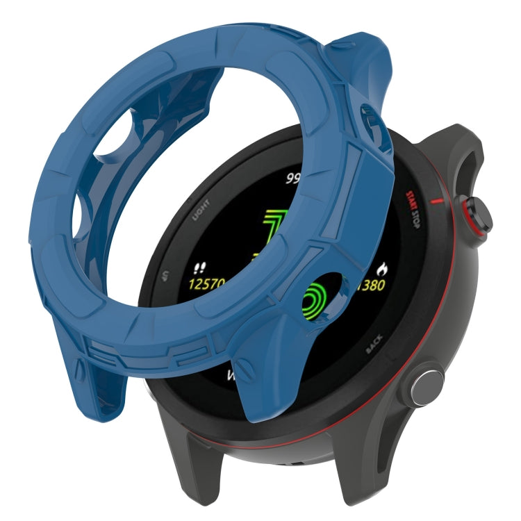 Dark blue hollow TPU watch case with protective bumper for a fitness watch.