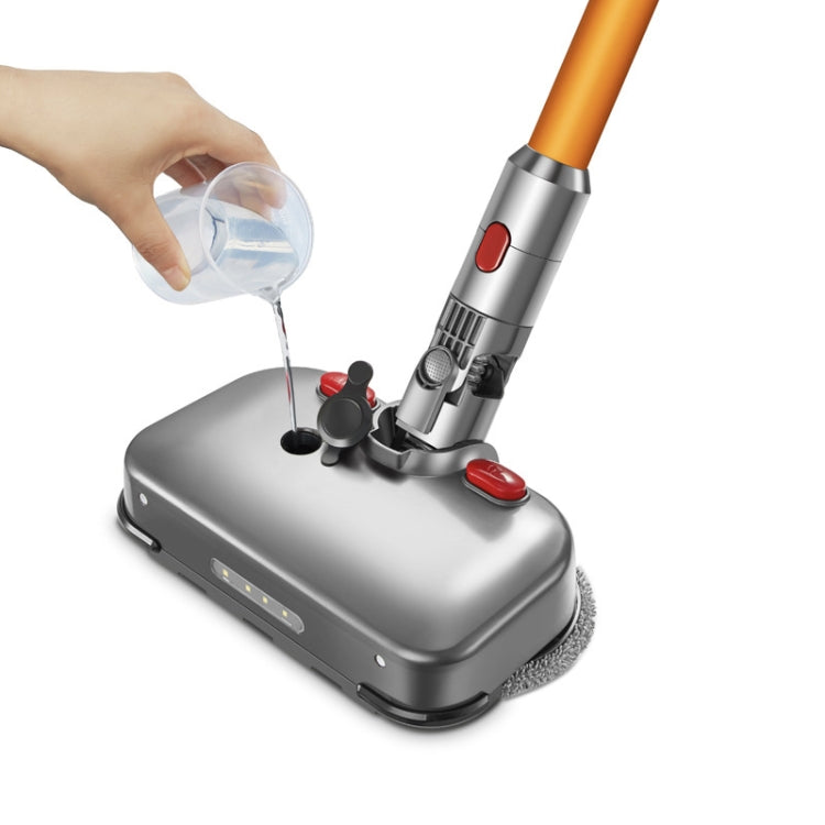 Electric wet and dry mopping head with gray base, red switches, and water tank