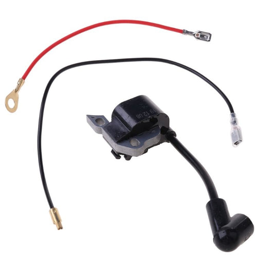 Chainsaw ignition coil with black wire, red lead, and terminal ends