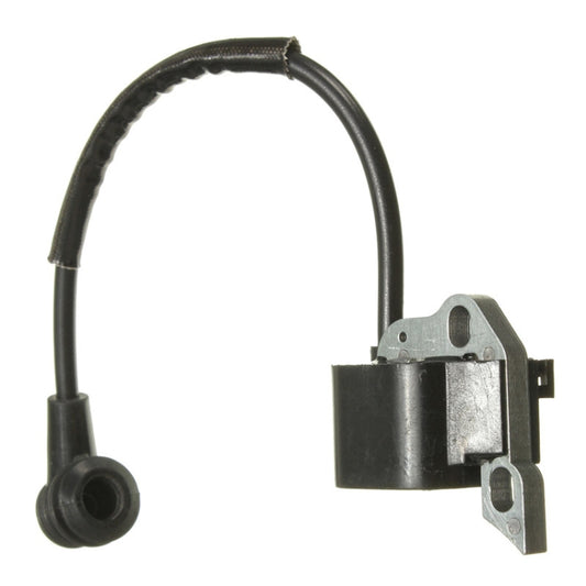 Ignition coil module with mounting plate and rubber boot on black cable