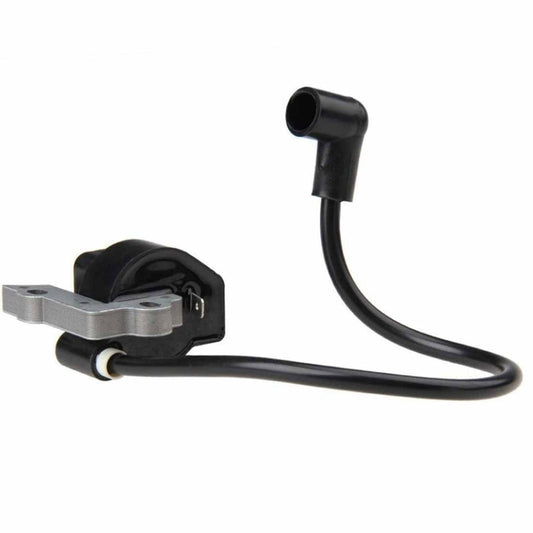 Ignition coil with black rubber boots and black lead wire, metal bracket on base
