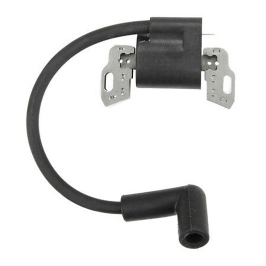 Ignition coil with black cylindrical housing, two metal tabs, and black cable