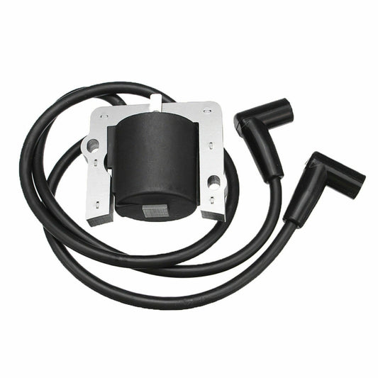 Ignition coil with black housing, metal strap mounts, and two spark plug wires