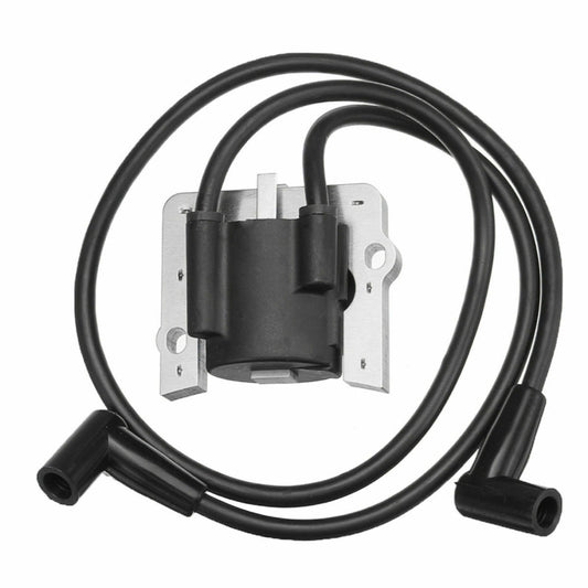Ignition coil module with two black spark plug wires and metal mounting bracket