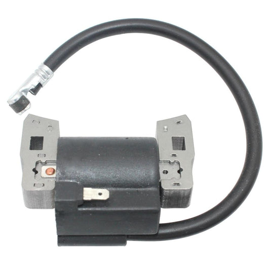Ignition coil with black cylinder body, metal tabs on both sides, and insulated spark lead