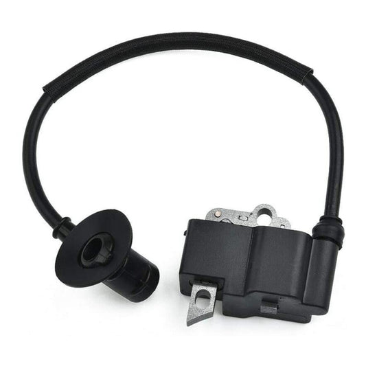 High pressure ignition coil with black cable, spark boot, and metal mounting plate