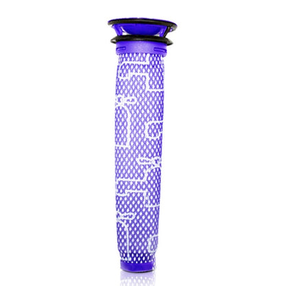 Purple cylindrical vacuum filter screen with mesh, top cap for Dyson V-series vacuums.