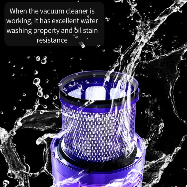 Purple mesh vacuum filter cylinder with blue top cap and black mounting base.
