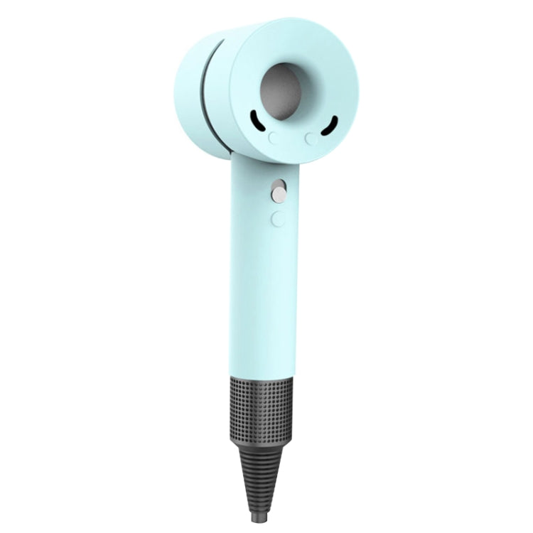Light blue silicone hairdryer protective case with round vent opening and side control buttons.
