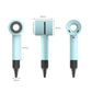 Light blue silicone hairdryer protective case with dimensional views of head and handle.