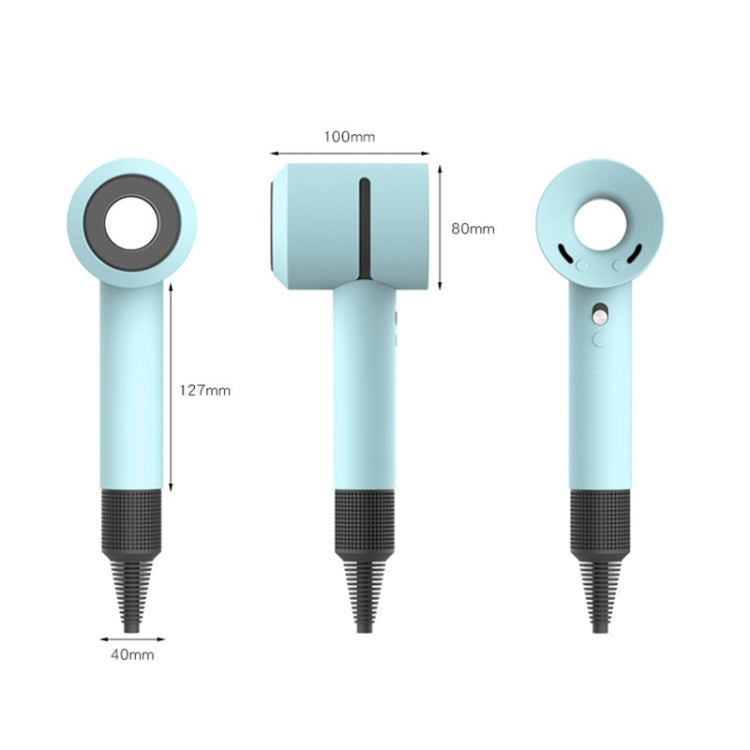 Light blue silicone hairdryer protective case with dimensional views of head and handle.