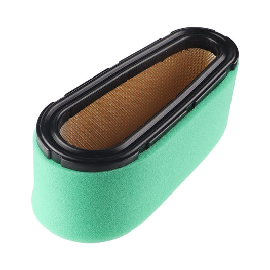 Air filter cleaner replacement with green foam and black frame, brown media insert.