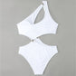 White halter bikini set with tie-strap top and high-waist bottom, ring accents