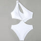 White halter bikini set with open keyhole cutout and ring clasp, high-waist bottom