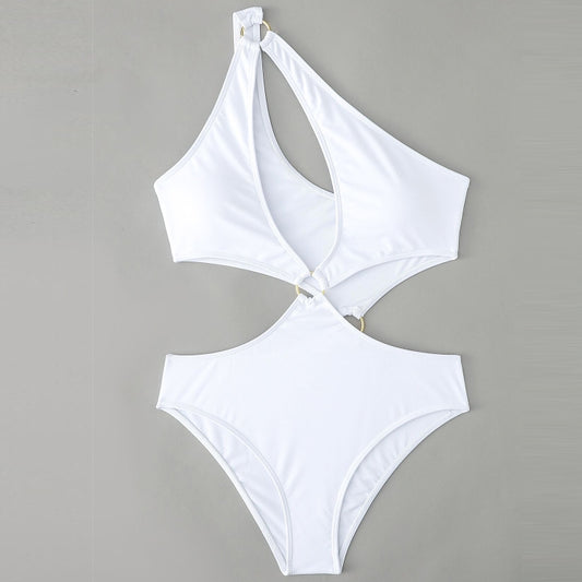 White halter bikini set with open keyhole cutout and ring clasp, high-waist bottom