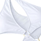 White halter bikini top close-up with teardrop front cutout and ring clasp detail