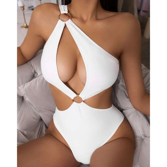 White cutout halter one-piece swimsuit with front ring detail and high-leg coverage