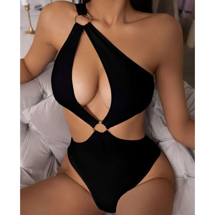 Black cutout halter one-piece swimsuit with front ring detail and high-leg coverage