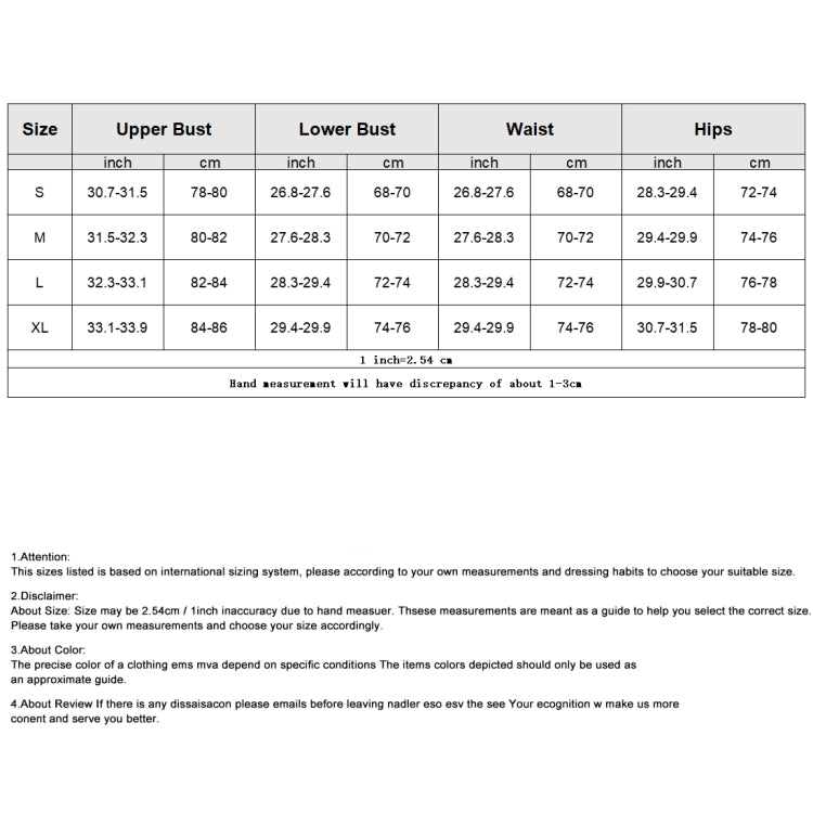Swimsuit size chart table with upper bust, lower bust, waist, hips for S–XL