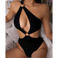 Black cutout halter one-piece swimsuit with ring detail at front and high-leg design