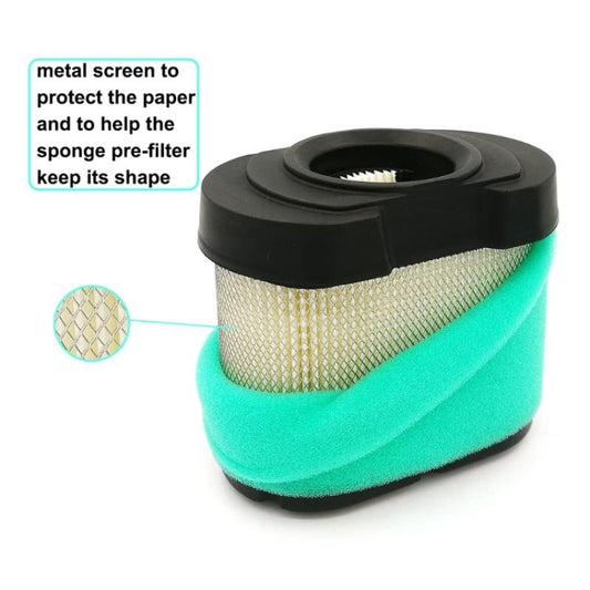 Green foam air filter with black cover and metal mesh pre-filter section
