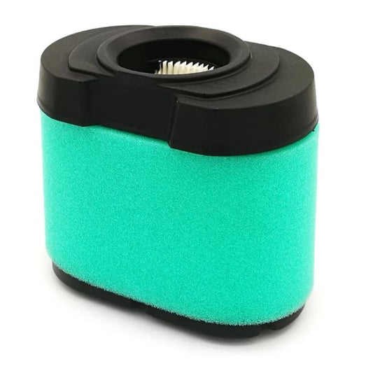 Green foam air filter with black housing and inner pleated element