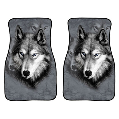Set of 2 universal car floor mats with wolf face print, dark gray