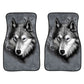 Pair of universal car floor mats with mirrored wolf face design, dark gray