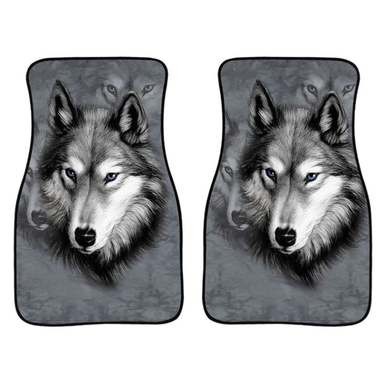 Pair of universal car floor mats with mirrored wolf face design, dark gray