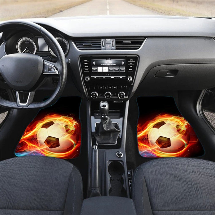 Universal car floor mats set with flame soccer-ball graphics in the front