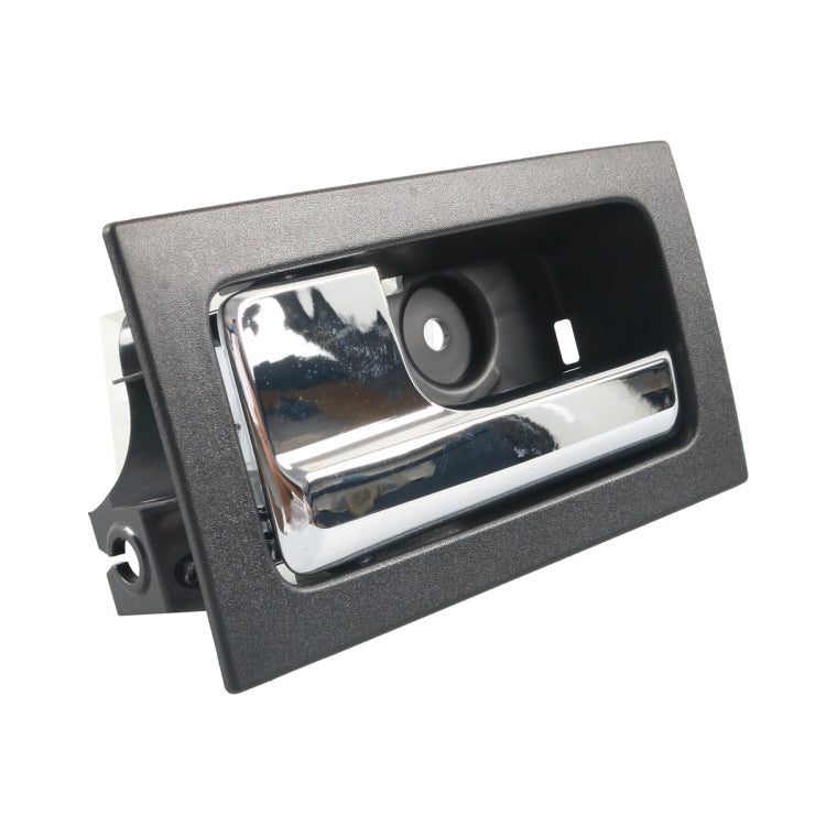 Left front interior door handle, chrome lever with black bezel and mounting base