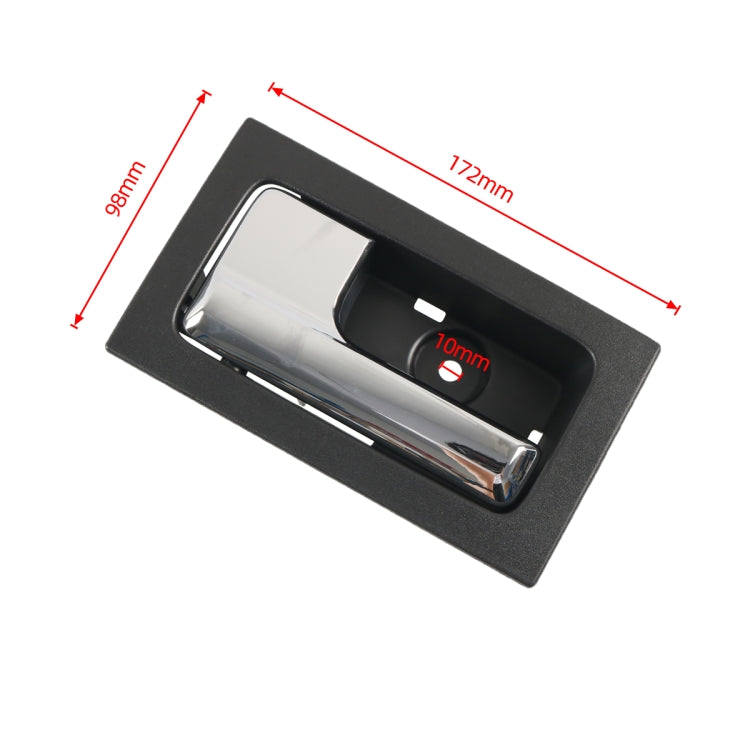Left front interior door handle with chrome lever, black bezel, size diagram