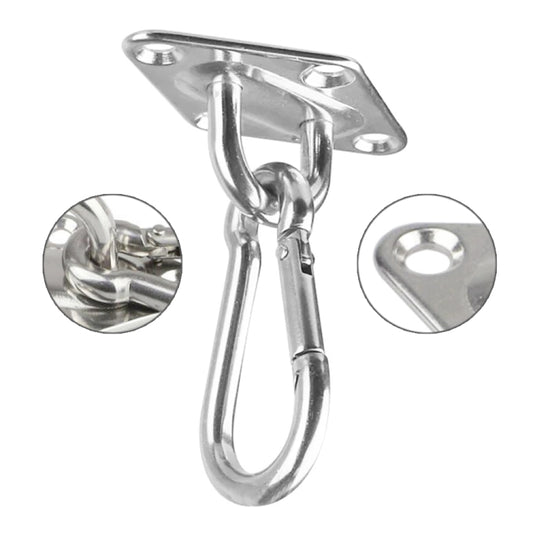 Stainless steel swing ceiling hook with mounting plate, spring latch, and hanging loop