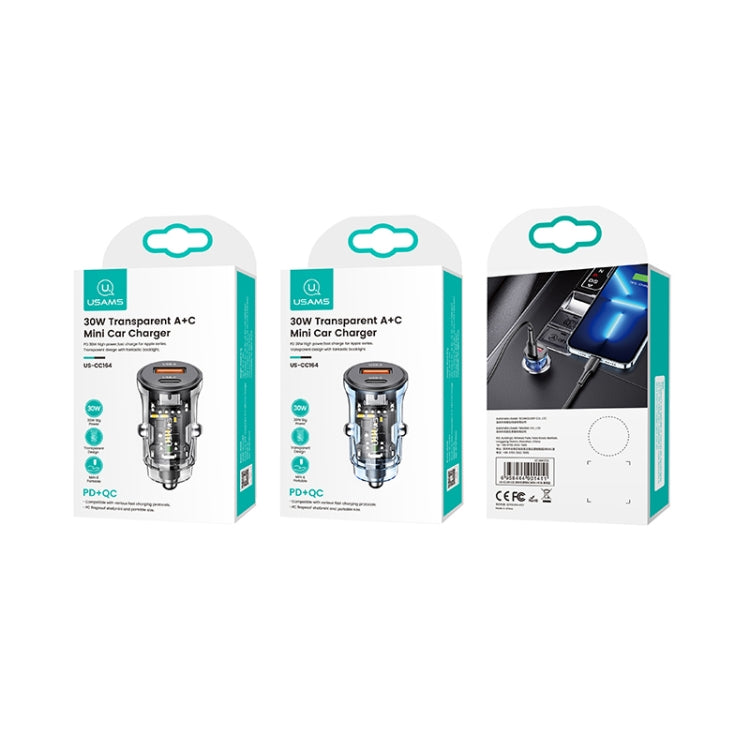 USAMS dual-port mini car charger retail box, transparent design, C32, black