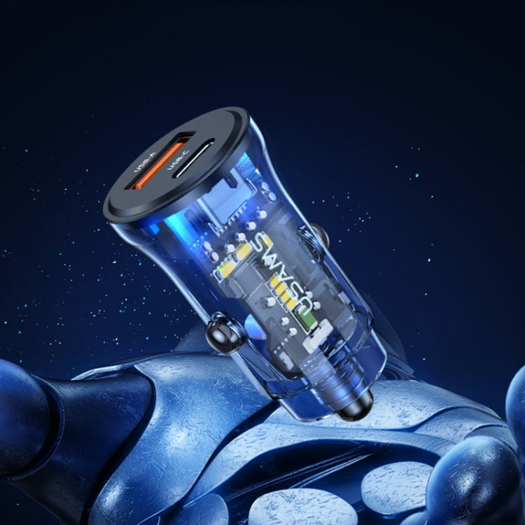 USAMS transparent dual-port mini car charger with blue-lit indicator, black