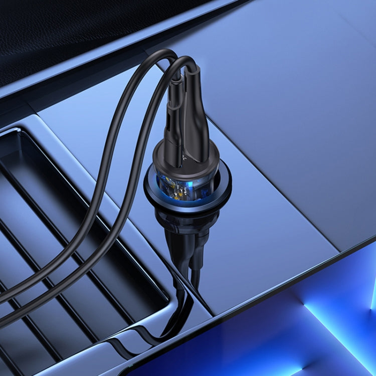 Black mini car charger plug with dual ports, transparent housing and cable