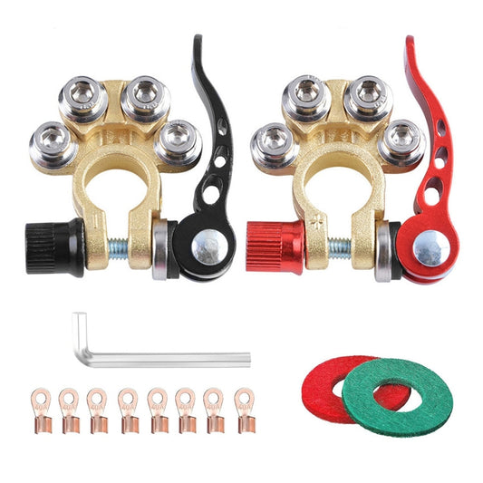Pair of car battery quick disconnect terminals with gold brass clamps and red/black levers