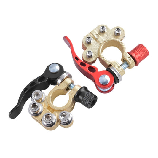Car battery terminal connectors with brass contact rings, red and black quick-release levers