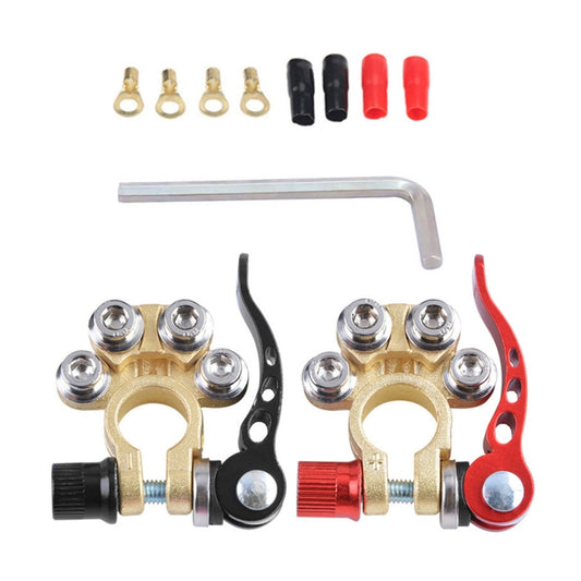 Battery terminal quick disconnect pair with brass clamps, red/black levers, plus L wrench