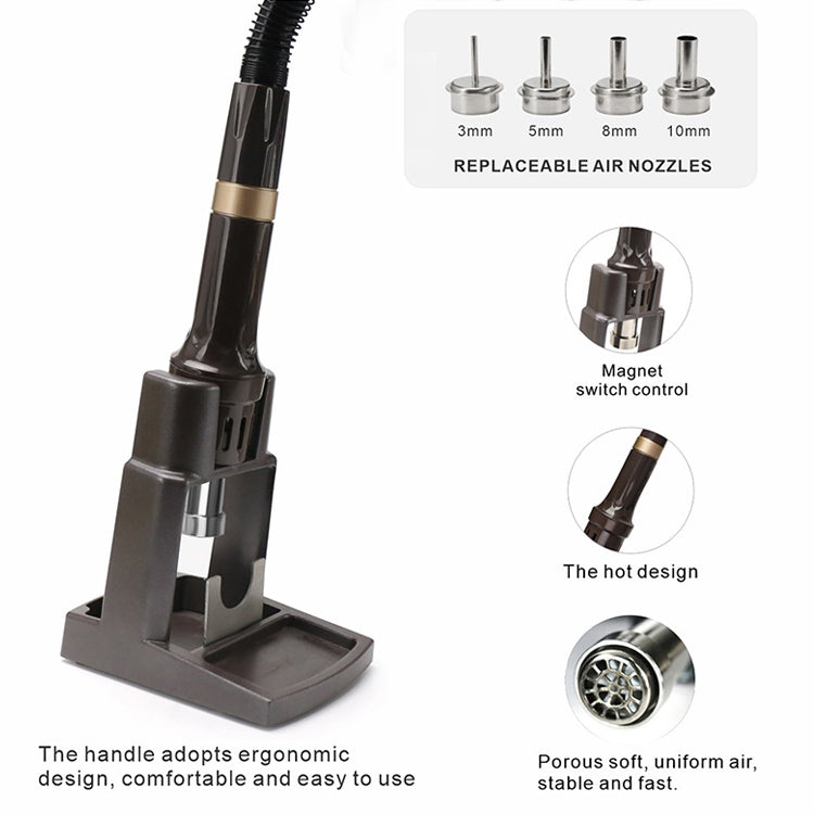 Hot air gun base with replaceable air nozzles, ergonomic handle and airflow vents