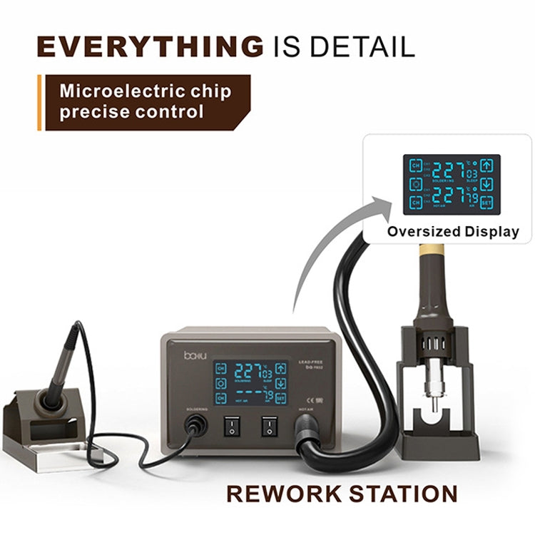 Hot air rework station with oversized display, touch controller, and stand