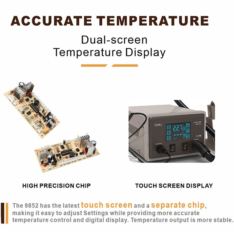 Hot air rework station with dual-screen temperature display and touchscreen controls