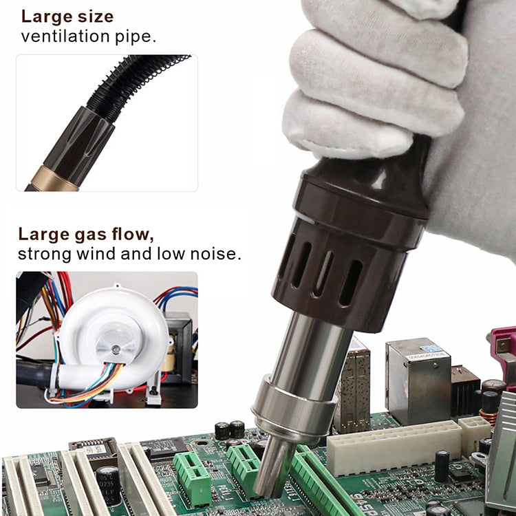 Hot air gun with ventilation pipe holding airflow nozzle over circuit boards
