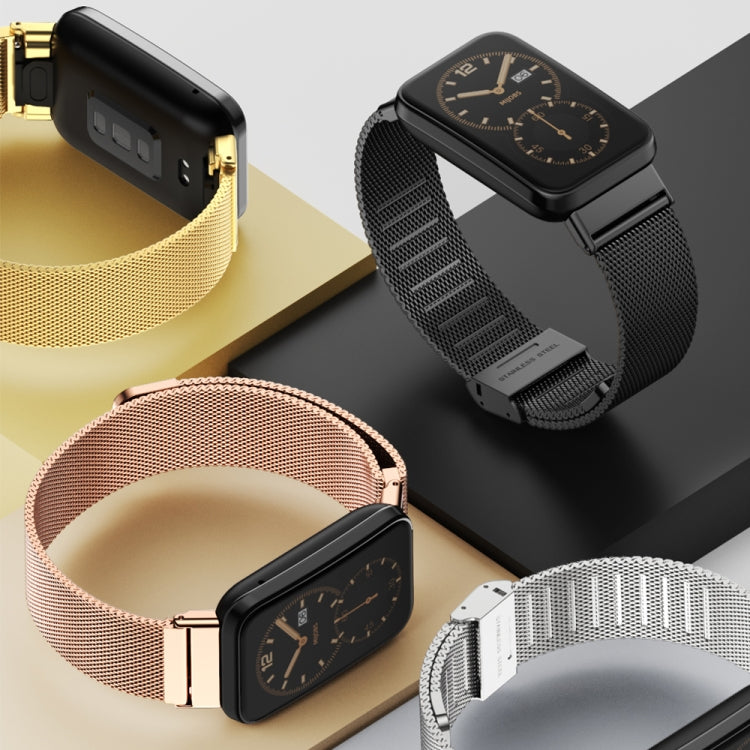 Stainless steel watch bands with buckle clasps, in black, rose gold, and silver