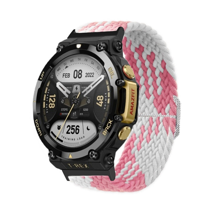 Pink and white braided nylon watch band with adjustable buckle and woven strap