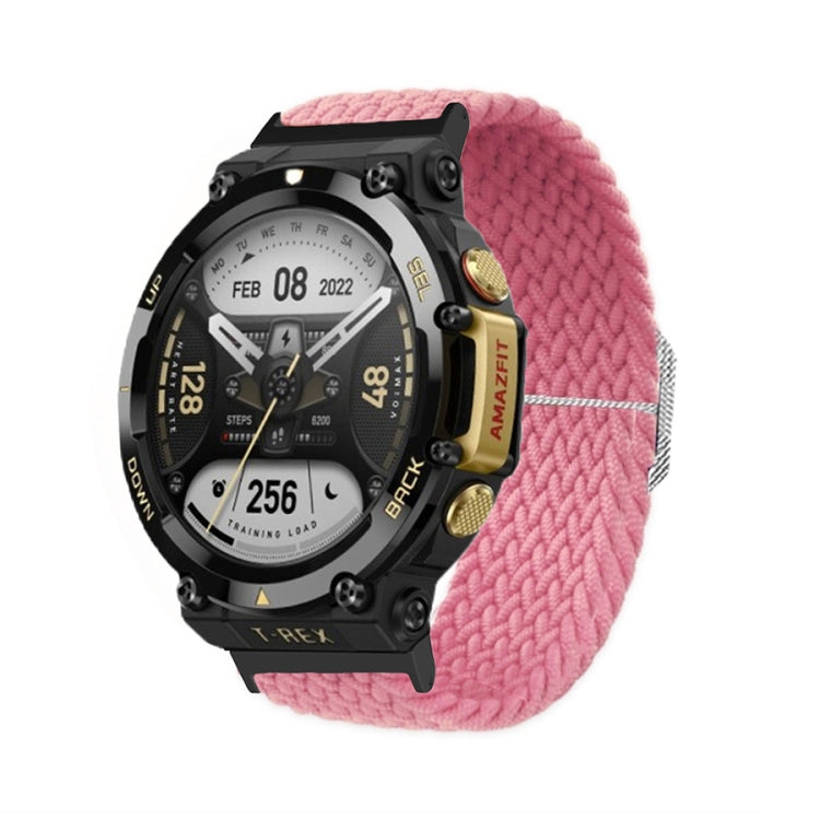 Pink braided nylon watch band with adjustable buckle and textured knit weave