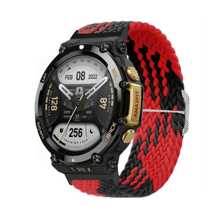 Red and black braided nylon watch band with adjustable buckle and contrasting weave